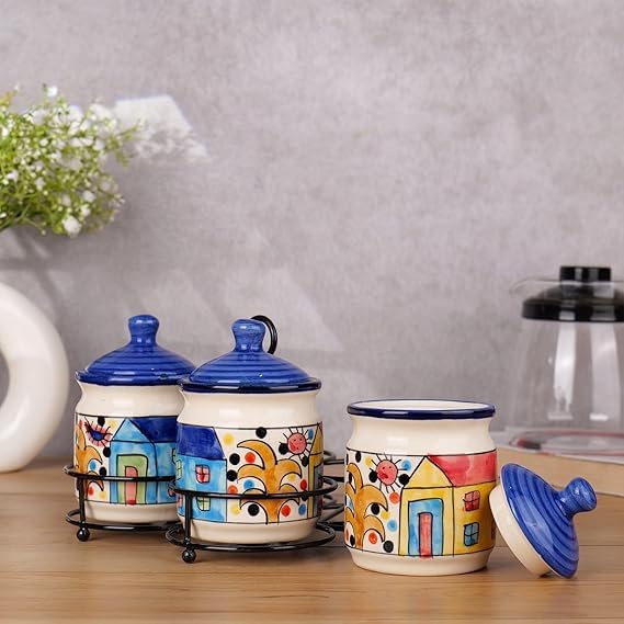 Niyara Handcrafted Ceramic Pickle Jar Set, Premium Metal Tray & Lids – Multipurpose Storage for Pickles, Chutneys, Spices & Condiments (home print Design) - Image 2