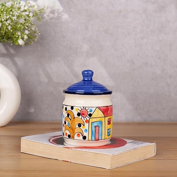 Niyara Handcrafted Ceramic Pickle Jar Set, Premium Metal Tray & Lids – Multipurpose Storage for Pickles, Chutneys, Spices & Condiments (home print Design) - Image 3