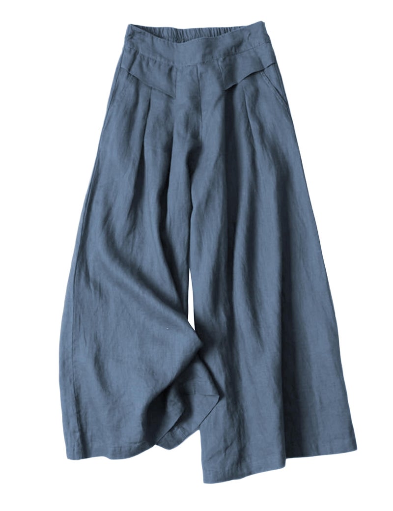 Hooever Women's Cotton Linen Culottes Pants Elastic Waist Wide Leg Palazzo Trousers Capri Pant (Blue-XXL) - Image 1