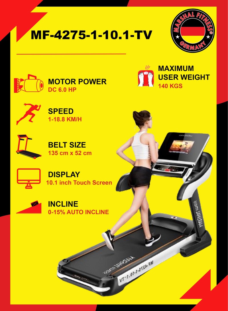 Marshal Fitness MF-4275-1-10.1-TV 10.1" Touch Screen Display Automatic Incline Low Noise 6 HP DC Motor Foldable Treadmill With Wifi Connectivity For Home Use - Image 4