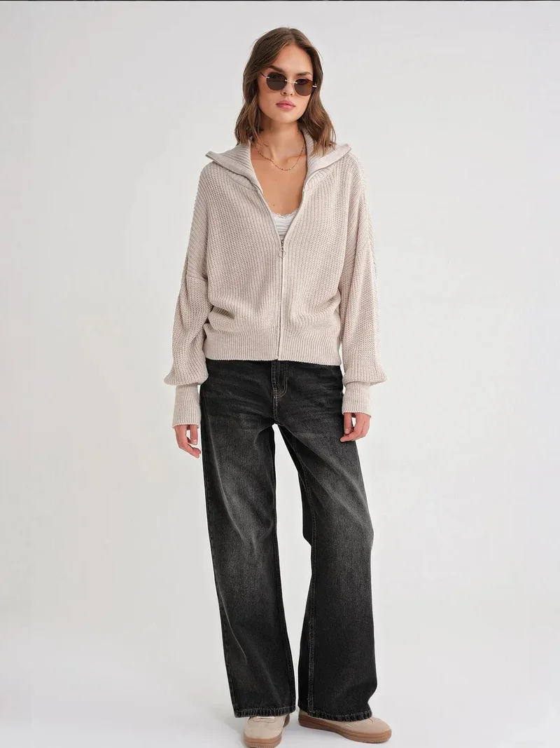 MixRay Mixray Zipped Collar Oversize Textured Knit Cardigan