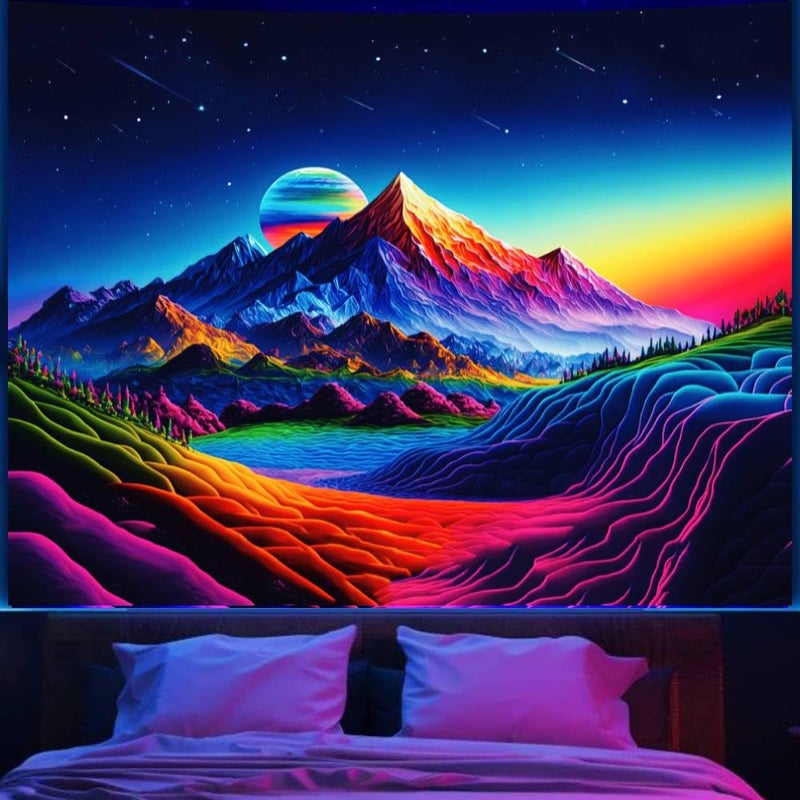 Apdidl Blacklight Posters Space Mountain Tapestry for Bedroom, UV Reactive Sun Nature Forest Tapestries Wall Hanging, Colorful Starry Sky Sunrise Tapestry Aesthetic for Living Room Dorm (51" X 60") - Image 1