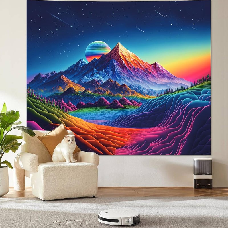 Apdidl Blacklight Posters Space Mountain Tapestry for Bedroom, UV Reactive Sun Nature Forest Tapestries Wall Hanging, Colorful Starry Sky Sunrise Tapestry Aesthetic for Living Room Dorm (51" X 60") - Image 3