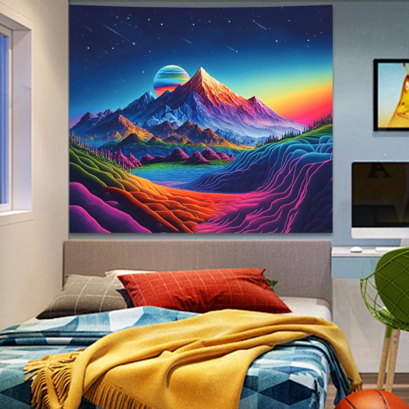 Apdidl Blacklight Posters Space Mountain Tapestry for Bedroom, UV Reactive Sun Nature Forest Tapestries Wall Hanging, Colorful Starry Sky Sunrise Tapestry Aesthetic for Living Room Dorm (51" X 60") - Image 2