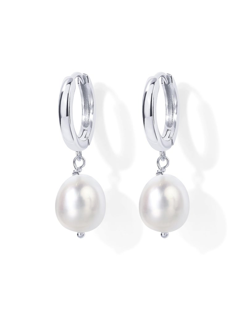 PAVOI Rhodium Plated S925 Sterling Silver Post Lightweight Drop Dangle Huggie Hoop Earrings for Women | Dainty Pearl Earrings - Image 3