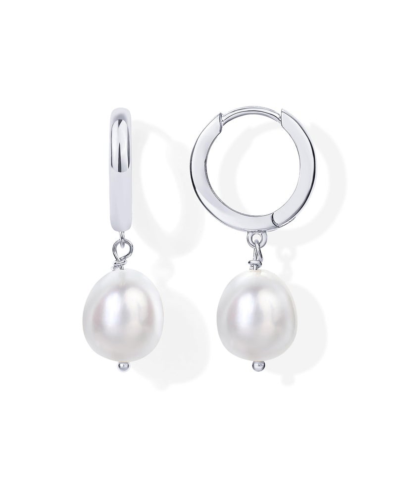 PAVOI Rhodium Plated S925 Sterling Silver Post Lightweight Drop Dangle Huggie Hoop Earrings for Women | Dainty Pearl Earrings - Image 1