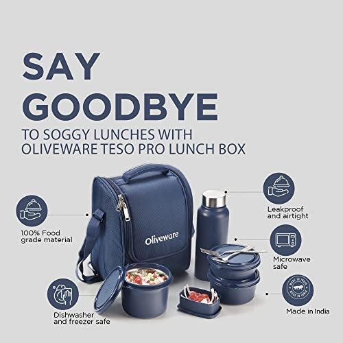 SOPL-OLIVEWARE Teso Pro Lunch Box with Cutlery, 3 Microwave Safe Inside Containers with BPA Free Lids(290ml, 450ml & 600ml), Plastic Pickle Box(130ml), Steel Water Bottle(750ml) - Blue - Image 2