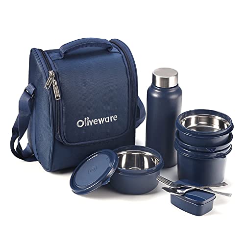 SOPL-OLIVEWARE Teso Pro Lunch Box with Cutlery, 3 Microwave Safe Inside Containers with BPA Free Lids(290ml, 450ml & 600ml), Plastic Pickle Box(130ml), Steel Water Bottle(750ml) - Blue - Image 1