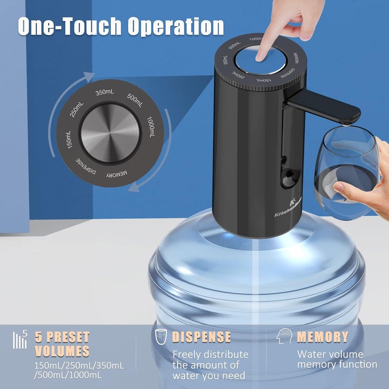 KitchenBoss Universal Water-Bottle Pump Dispenser 5-Gallon: Foldable Automatic Water Bottle Pump, Portable Electric Drinking Water Pump USB Charging 1-5 Gallon Water Bottle Switch,Onyx Black - Image 3