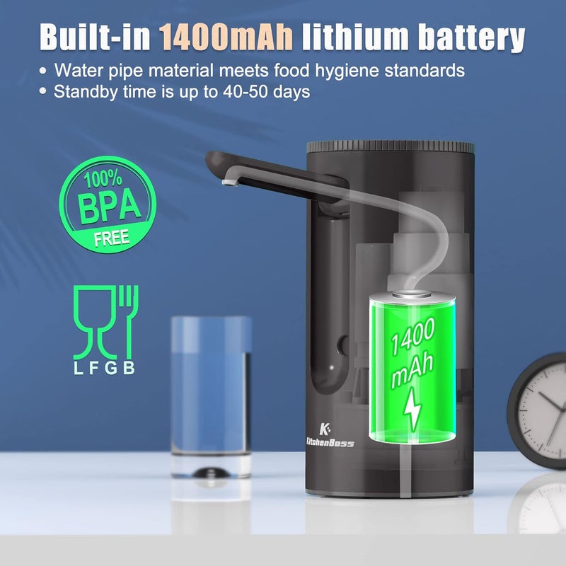 KitchenBoss Universal Water-Bottle Pump Dispenser 5-Gallon: Foldable Automatic Water Bottle Pump, Portable Electric Drinking Water Pump USB Charging 1-5 Gallon Water Bottle Switch,Onyx Black - Image 4