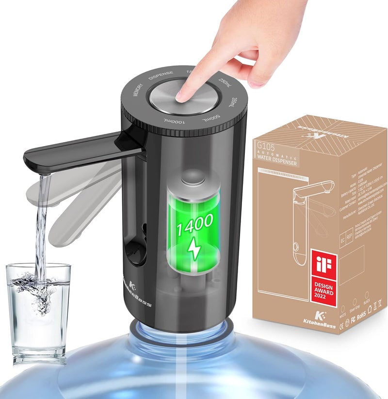KitchenBoss Universal Water-Bottle Pump Dispenser 5-Gallon: Foldable Automatic Water Bottle Pump, Portable Electric Drinking Water Pump USB Charging 1-5 Gallon Water Bottle Switch,Onyx Black - Image 1