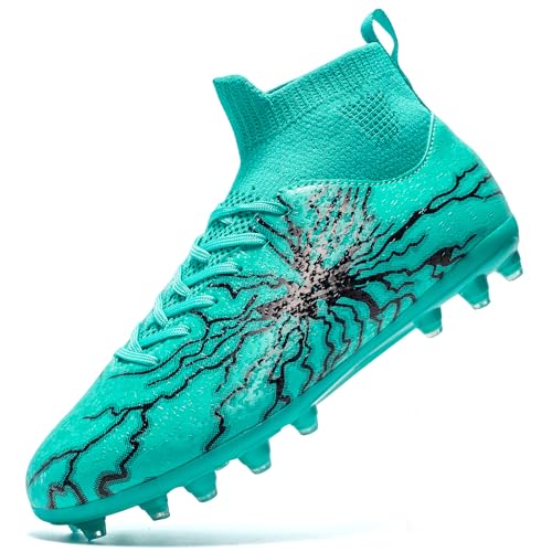 HRJR Kids Soccer Cleats Boys Girls Training Football Cleats Youth Hightop Soccer Shoes for LittleBig Professional Athletic Outdoor Football Shoes Blue 4 Big Kid - Image 1