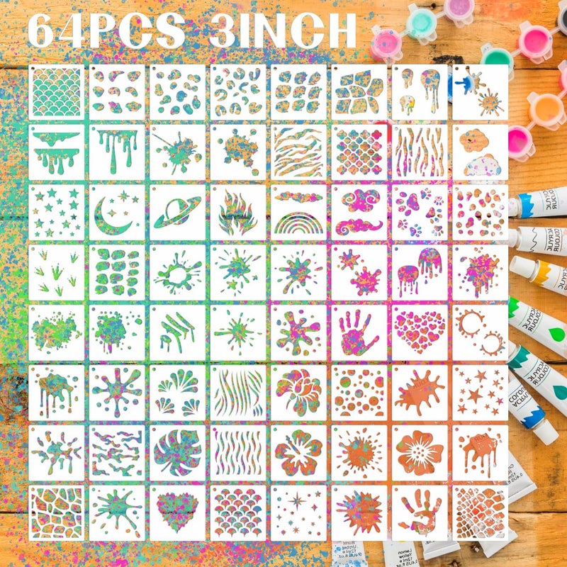 Graffiti Stencils for Crafts  Plastic Reusable Small Stencils for Wood Rock Painting 64pcs3inch