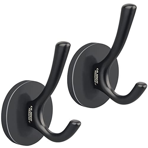 ULIBERMAGNET Strong Magnetic Double Hooks, 2 Pack Heavy Duty Sturdy Coat Magnetic Hooks, Rubber Magnets Large Hooks for Coat Robe Towel Key Hat (Black) - Image 1