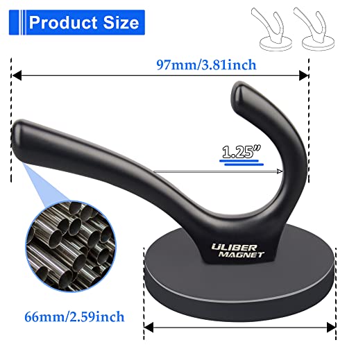 ULIBERMAGNET Strong Magnetic Double Hooks, 2 Pack Heavy Duty Sturdy Coat Magnetic Hooks, Rubber Magnets Large Hooks for Coat Robe Towel Key Hat (Black) - Image 3