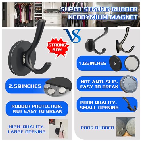 ULIBERMAGNET Strong Magnetic Double Hooks, 2 Pack Heavy Duty Sturdy Coat Magnetic Hooks, Rubber Magnets Large Hooks for Coat Robe Towel Key Hat (Black) - Image 2