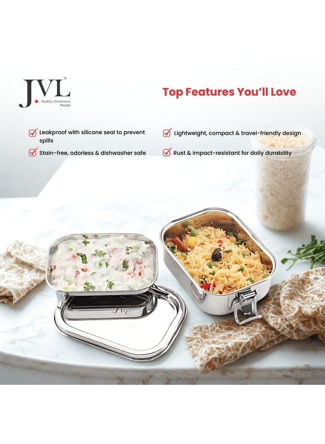 JVL صندوق غداء غير قابل للتسرب من الفولاذ المقاوم للصدأ للأطفال، صندوق تيفين بطبقة واحدة للاستخدام في المدرسة والمكتب مع طبق داخلي - مستطيل - حجم صغير - - سعة تقريبية 500 مل - Image 5