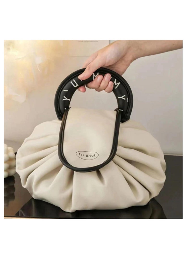Lazy Drawstring Makeup Bags, Large Capacity Waterproof Travel Portable Cosmetic Bag, One-Step Toiletry Organizer, Beauty Makeup Storage Bag for Eyeshadow, Lipstick, Skin Care (1Pcs, Apricot)  - Image 2