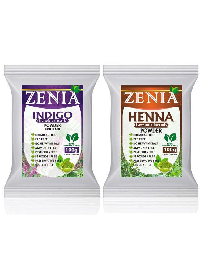 zenia مجموعة صبغة الشعر من مسحوق الإنديجو النقي 100% ومسحوق الحناء | لتلوين الشعر واللحية باللون الأسود | 100 جرام لكل منهما | طبيعي بالكامل، خالي من المواد الكيميائية، خالي من PPD، خالي من الأمونيا - Image 1