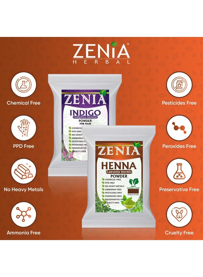zenia مجموعة صبغة الشعر من مسحوق الإنديجو النقي 100% ومسحوق الحناء | لتلوين الشعر واللحية باللون الأسود | 100 جرام لكل منهما | طبيعي بالكامل، خالي من المواد الكيميائية، خالي من PPD، خالي من الأمونيا - Image 2