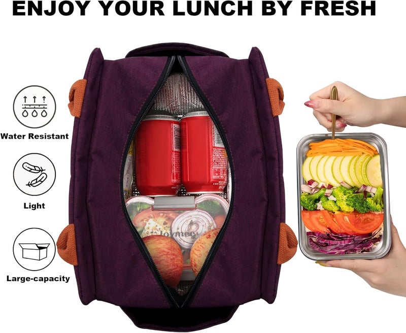 Joymee Lunch Bag Women Insulated Lunch Box Reusable Leakproof Large Spacious Cooler Tote for Women Men Adult with Bottle Holder and Side Pockets for Work Office Travel Picnic - Dark Purple - Image 3