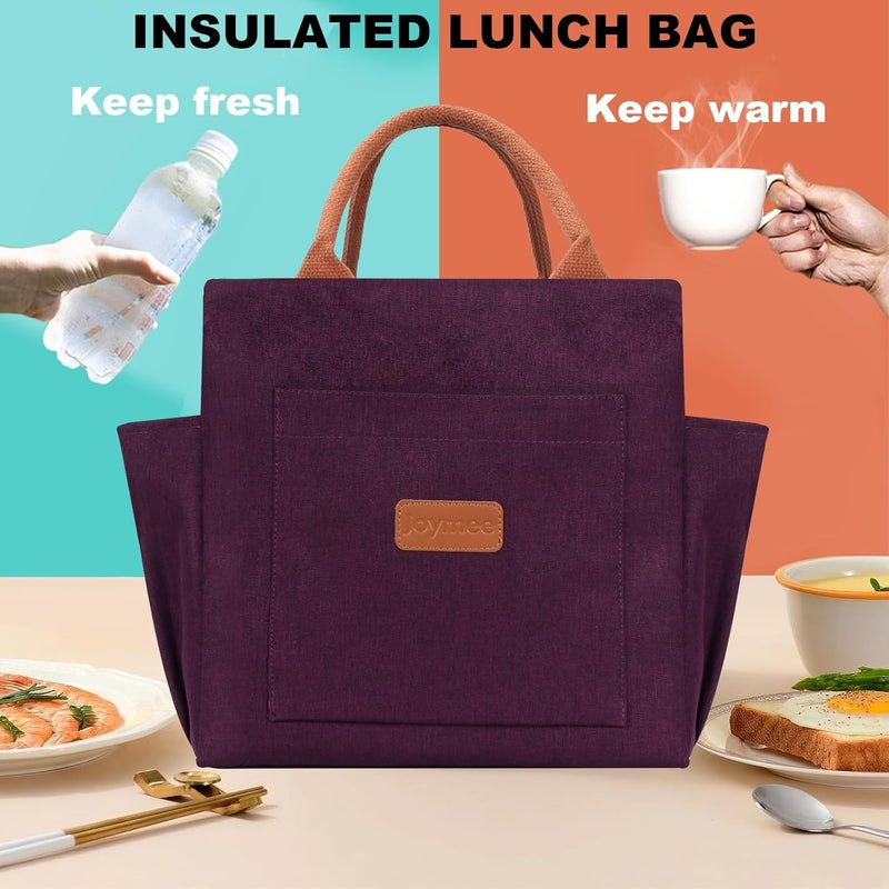 Joymee Lunch Bag Women Insulated Lunch Box Reusable Leakproof Large Spacious Cooler Tote for Women Men Adult with Bottle Holder and Side Pockets for Work Office Travel Picnic - Dark Purple - Image 2