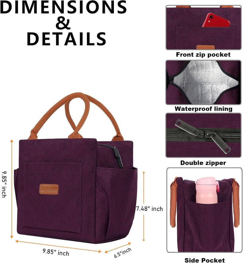 Joymee Lunch Bag Women Insulated Lunch Box Reusable Leakproof Large Spacious Cooler Tote for Women Men Adult with Bottle Holder and Side Pockets for Work Office Travel Picnic - Dark Purple - Image 5