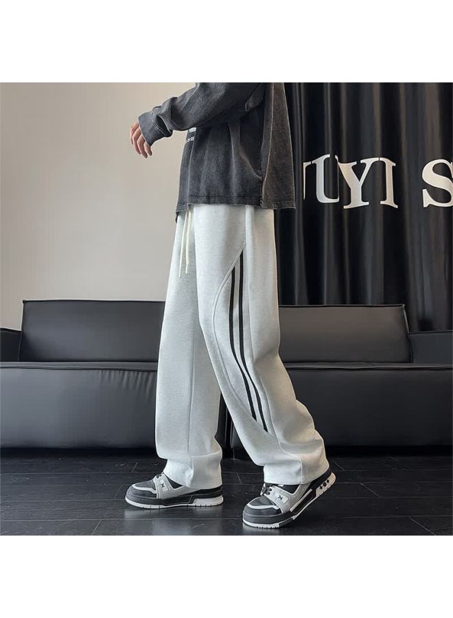 Clor Men's Striped Straight-leg Pants Spring Summer Trendy Sports Casual Draped Wide-leg Pants Cl41 White Floral Gray 3XL - Image 1