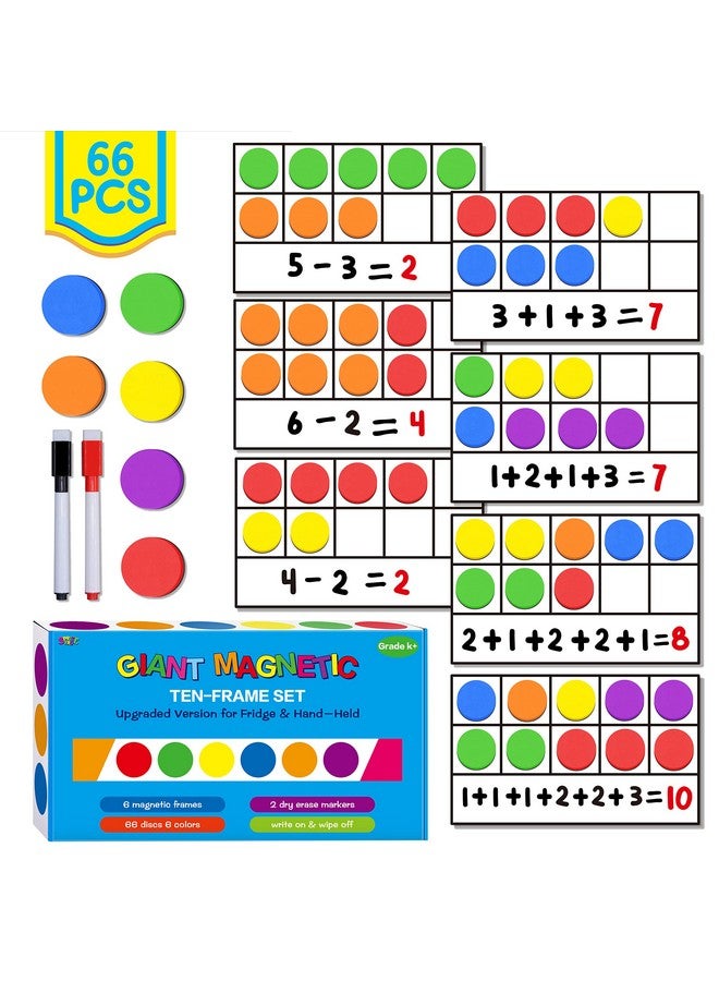 SpriteGru Magnetic Ten-Frame Set,6 Frames(With Blank Writing Space) And 66 Colorful Discs With 2 Markers (Upgraded Version For Fridge & Hand-Held) - Image 1