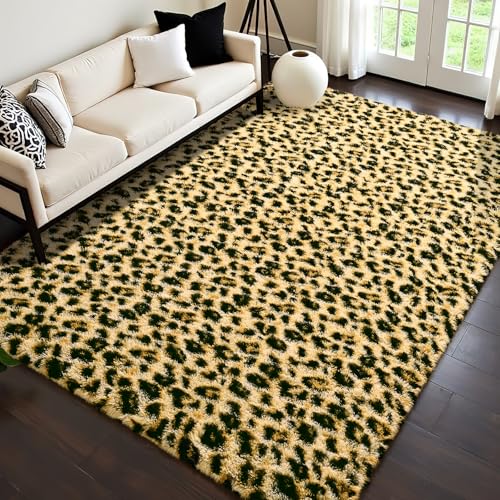 HOMORE Premium Leopard Fluffy Rugs Leopard Print Rug for Living Room BedroomSoft Cheetah Print Rug for Kids Children Room Faux Animal Printed Carpet for Western Decor4x6 Feet Black and Khaki - Image 1
