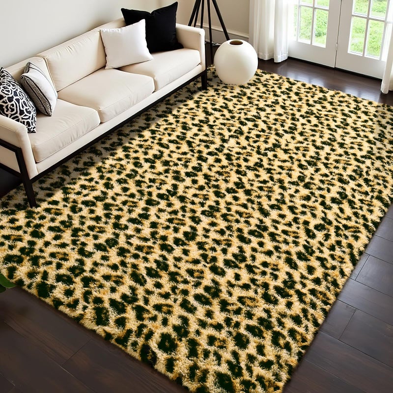 HOMORE Premium Leopard Fluffy Rugs Leopard Print Rug for Living Room BedroomSoft Cheetah Print Rug for Kids Children Room Faux Animal Printed Carpet for Western Decor4x6 Feet Black and Khaki - Image 2