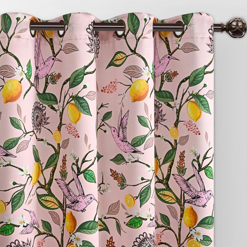 FRAMICS 100% Blackout Curtains for Bedroom Floral Curtains for Living Room 84 Inches Long, Luxury Patterned Pink Curtain for Girls Room Lemon Hummingbird Grommet Thermal Insulated Drapes, 2 Panels - Image 1