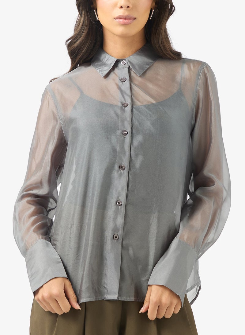 BCBG Sheer Organza Long Sleeves Shirt - Image 3