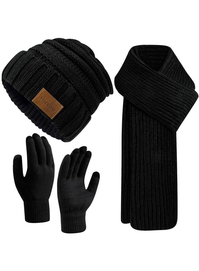 Hicdaw 3 Pcs Womens Winter Hats Gloves Scarf Set Winter Hats for Women Beanie Hat Long Scarf Fleece Lined Touchscreen Gloves, Black, One size - Image 1