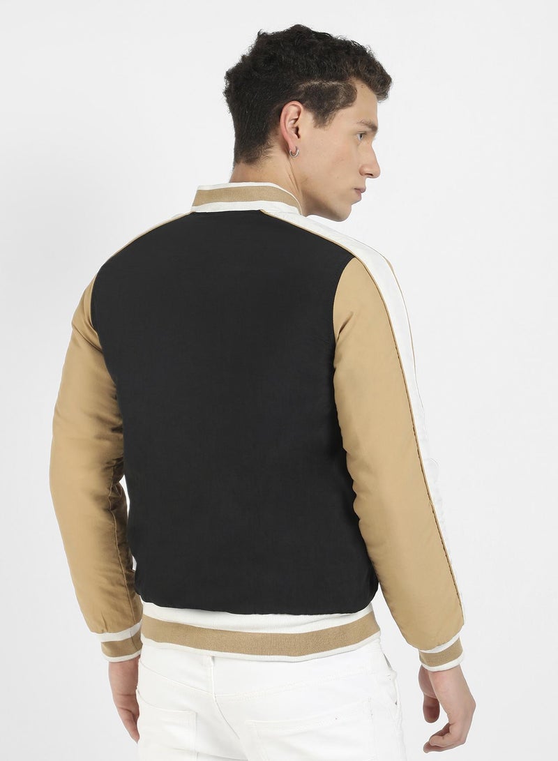 Campus Sutra Men's Black & Beige Puffer Jacket With Ribbed Hem  - Image 3