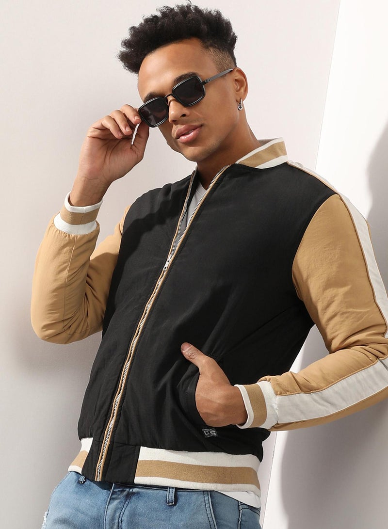 Campus Sutra Men's Black & Beige Puffer Jacket With Ribbed Hem  - Image 1
