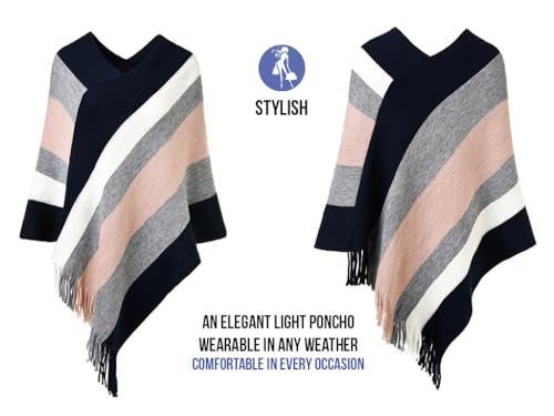 Ferand Women's Striped Poncho Sweater Cozy Knit Fringe Shawl Wraps for Fall Winter - Image 3