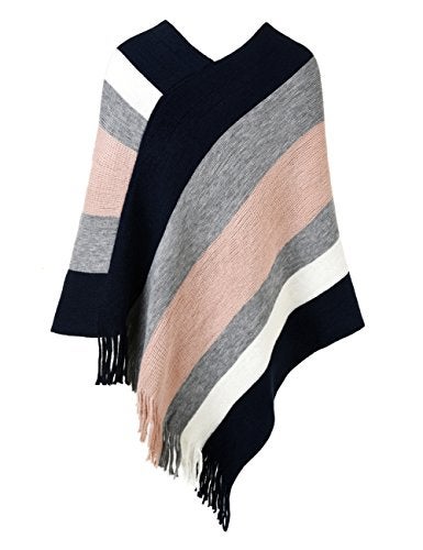 Ferand Women's Striped Poncho Sweater Cozy Knit Fringe Shawl Wraps for Fall Winter - Image 2