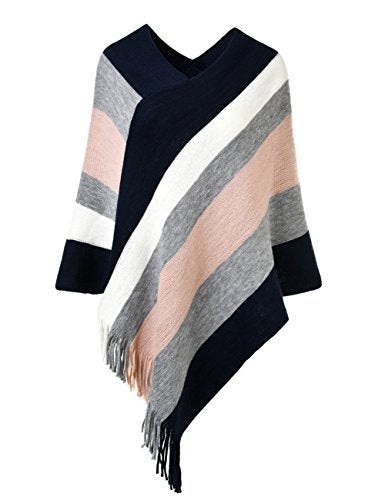 Ferand Women's Striped Poncho Sweater Cozy Knit Fringe Shawl Wraps for Fall Winter - Image 1