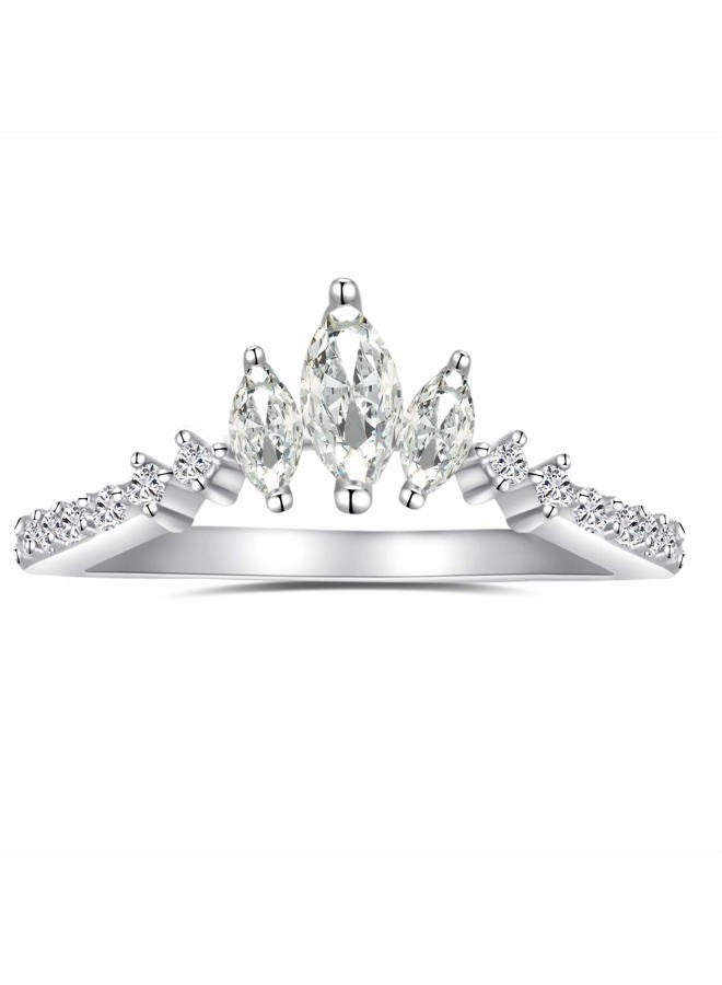 espere Rhodium Plated Sterling Silver Tiara & Crown Dainty Curved Wedding Band Ring Marquise Cut 3-Stone V Arched Promise Ring, Cubic Zirconia, - Image 1