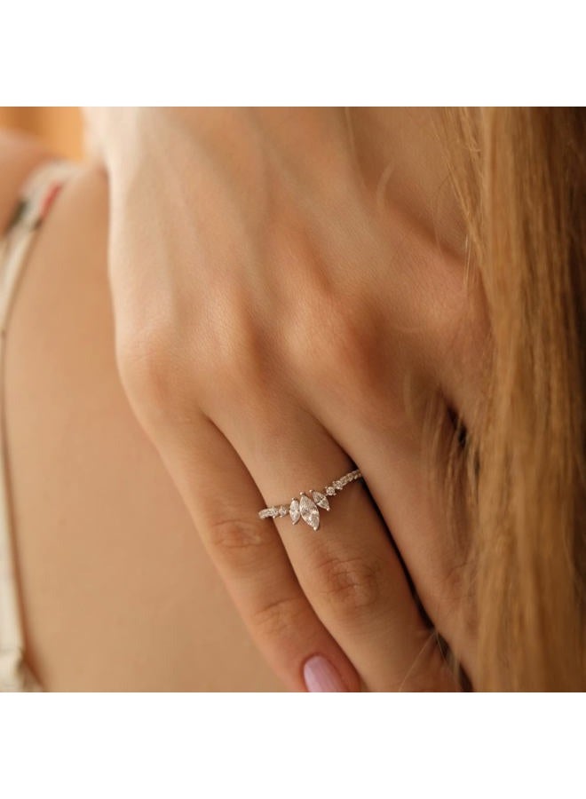 espere Rhodium Plated Sterling Silver Tiara & Crown Dainty Curved Wedding Band Ring Marquise Cut 3-Stone V Arched Promise Ring, Cubic Zirconia, - Image 4