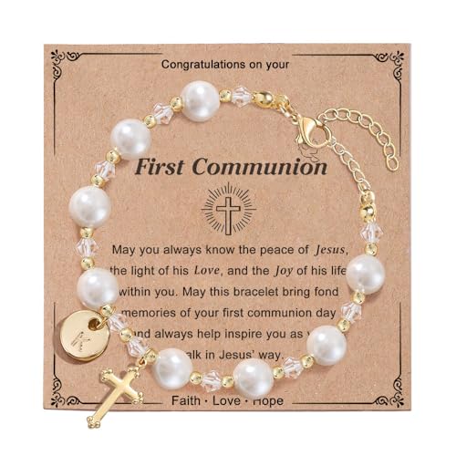 enasal First Communion Gifts for Girls Religious Christian Bracelet Gift 1st First Communion Decorations Gifts Rosary Beads Cross Bracelet for Girls Danghter Goddaughter Pearl K - Image 1