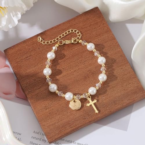 enasal First Communion Gifts for Girls Religious Christian Bracelet Gift 1st First Communion Decorations Gifts Rosary Beads Cross Bracelet for Girls Danghter Goddaughter Pearl K - Image 3