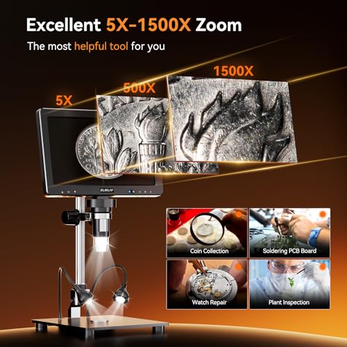 ELIKLIV ميكروسكوب رقمي إليكليف EDM9 Max: 20MP 10.1" 1500X HD IPS HDMI مكبر عملات معدنية للأخطاء مع شاشة وإضاءة، ميكروسكوبات لحام LCD للكبار، عرض على الحاسوب/التلفزيون، 64GB - Image 3