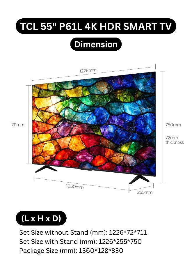 تي سي إل تلفاز ذكي 55 بوصة P61L 4K HDR (طراز 2026 - إصدار الإمارات) ، تلفاز ذكي UHD 55 بوصة مع 2 جيجابايت RAM و 16 جيجابايت ROM ، معالج AiPQ ، صوت دولبي ، لوحة HVA ، 4K HDR10 ، تصميم معدني بدون حواف - Image 2