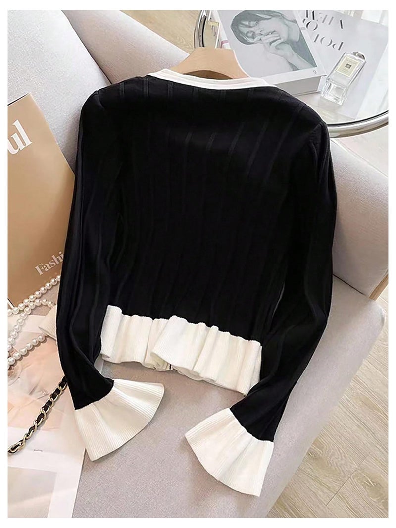 Verdusa Women's Elegant Button Up Cardigan Sweaters Colorblock Ruffle Knit Outwear Formal Outfits Black and White Medium - Image 2