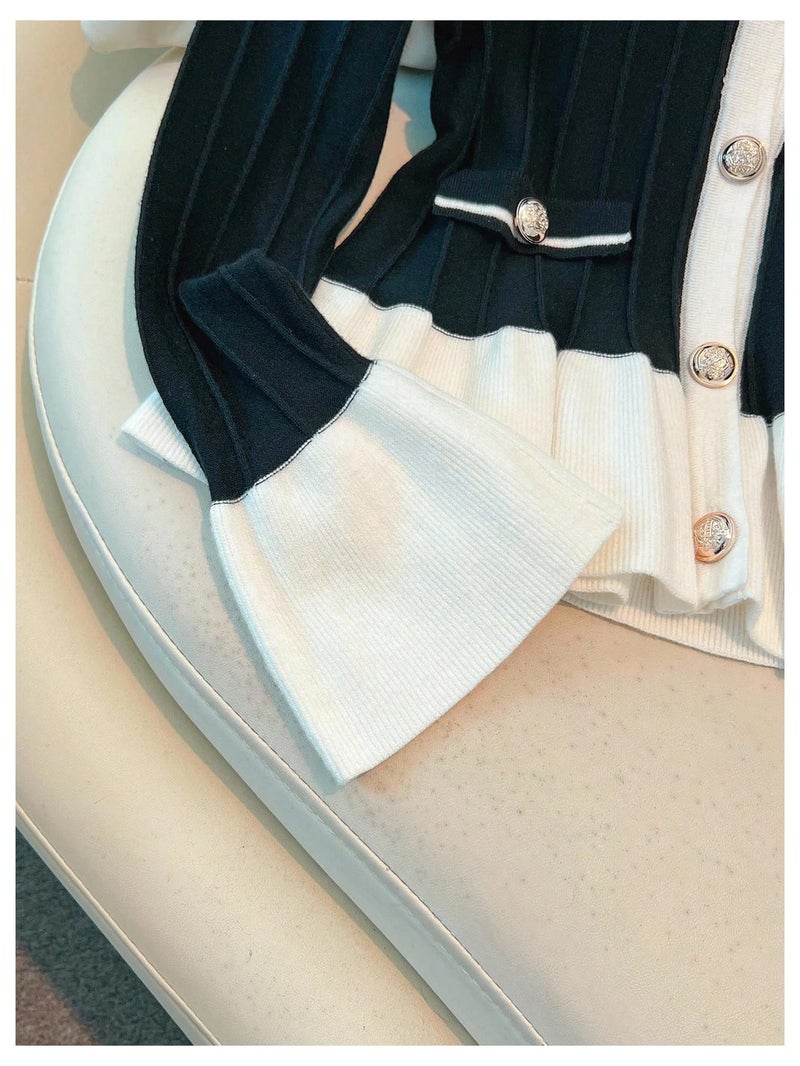Verdusa Women's Elegant Button Up Cardigan Sweaters Colorblock Ruffle Knit Outwear Formal Outfits Black and White Medium - Image 3