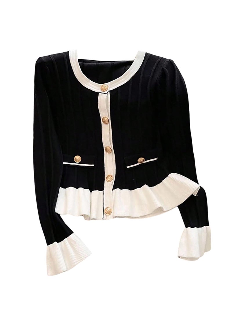 Verdusa Women's Elegant Button Up Cardigan Sweaters Colorblock Ruffle Knit Outwear Formal Outfits Black and White Medium - Image 1