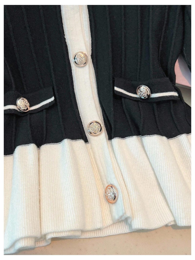 Verdusa Women's Elegant Button Up Cardigan Sweaters Colorblock Ruffle Knit Outwear Formal Outfits Black and White Medium - Image 4
