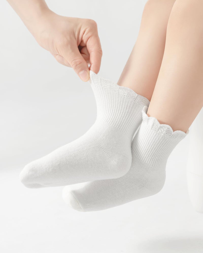 Funjoon Toddler Girls Baby Ruffle Socks Cute Cotton White Turn Cuff Frilly Dress Little Girls Socks 12M-6Y, white 2-4Y - Image 5
